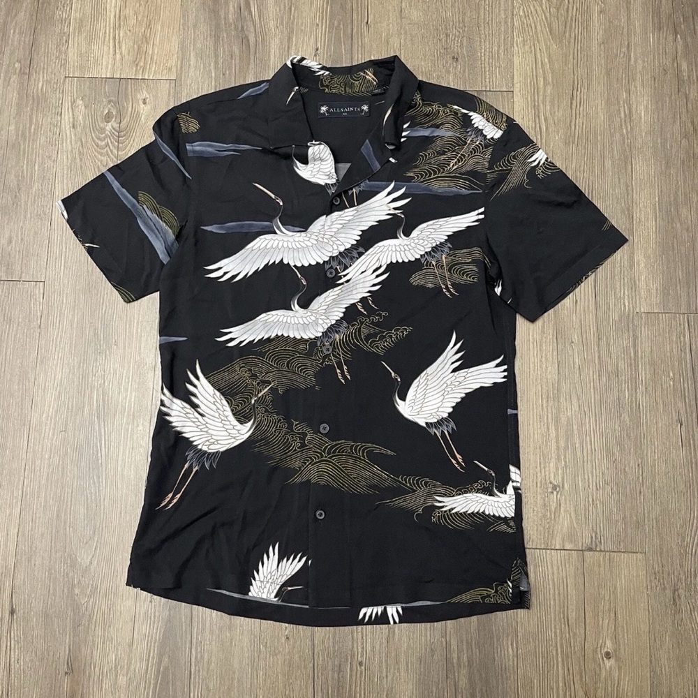 All Saints Black Short-Sleeve Crane Print Button-Up Shirt